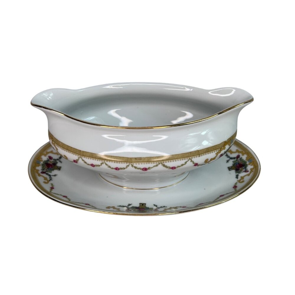 VTG Royal Bayreuth Bavaria Gravy Boat W/ Attached Plate Gold Trim Floral
